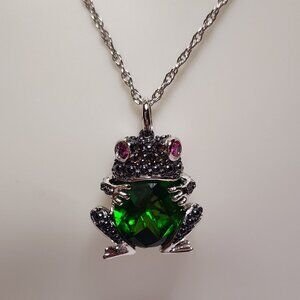 925 Silver Green Crystal Frog Necklace